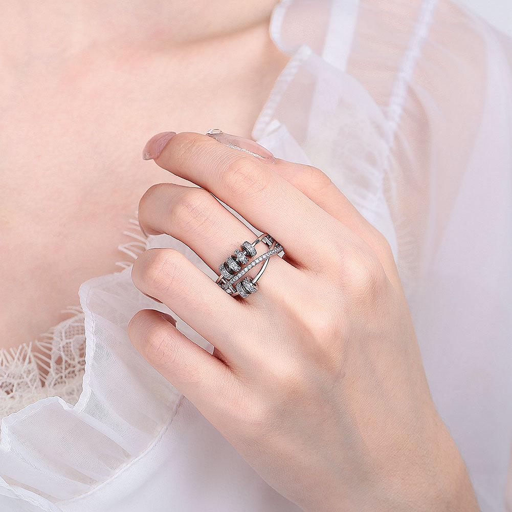 Women Spinning Zircon Five Ring Adjustable Open Band Lucky Rotating Circle Jewelry Fashion Elegant Gift