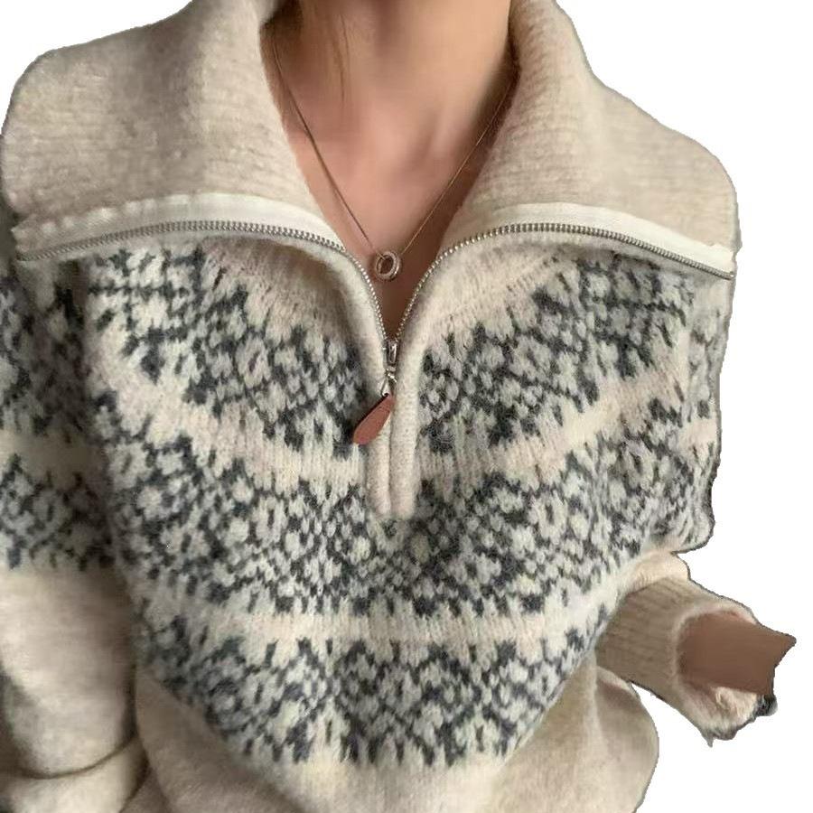 Damski sweter z wełny Fair Isle z wysokim kołnierzem i zamkiem błyskawicznym - Jesień/Zima Luźny dzianinowy