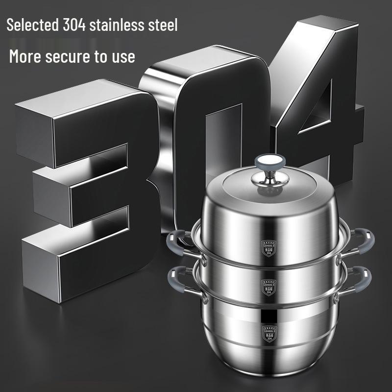 Large Capacity 304 Stainless Steel Steamer Pot with Thickened Multi-Layer Steaming Baskets for Household Use