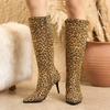 Spitzer Ultrahoher Schlanker Absatz Leopardenmuster Sexy Römerstil Kniehohe Stiefel Atmungsaktiv Innen Reißverschluss Mattes Flockmaterial Stiefel