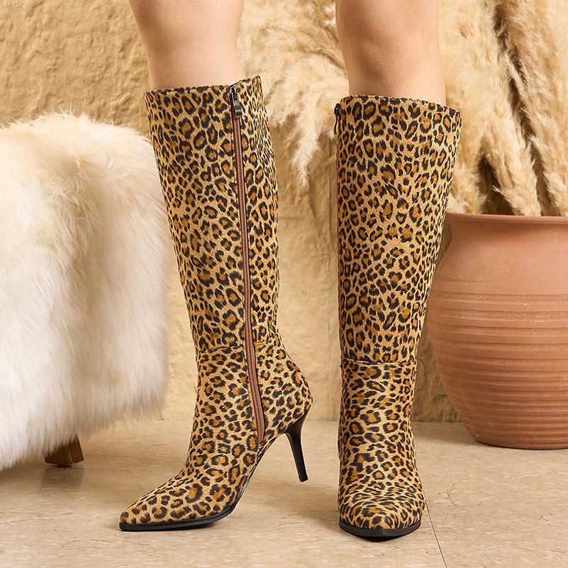 Spitzer Ultrahoher Schlanker Absatz Leopardenmuster Sexy Römerstil Kniehohe Stiefel Atmungsaktiv Innen Reißverschluss Mattes Flockmaterial Stiefel