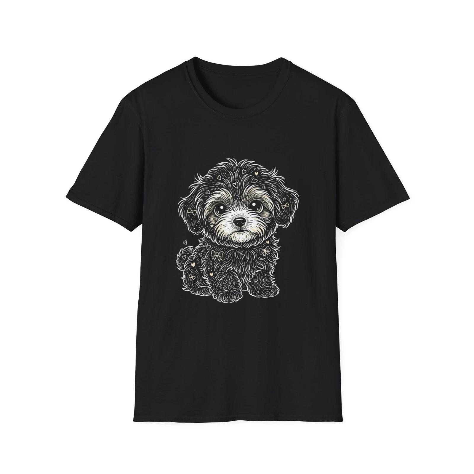 Dog Hearts Bows Cute Kawaii Black Tee Cartoon Illustrated Graphic T-Shirt 4XL