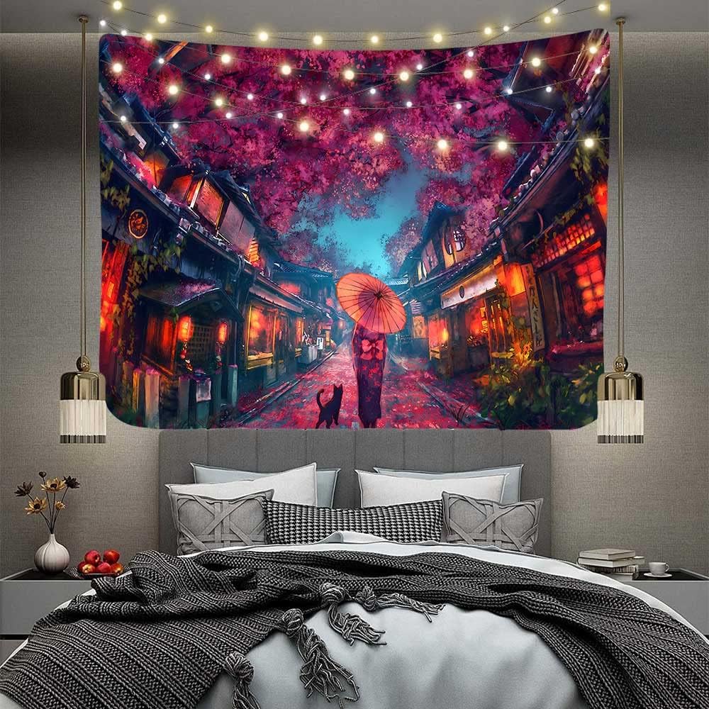 Japanisches Anime-Wandteppich Antike Japanische Nachtstraßenszene Wandteppich Kirschblüten-Laternen-Wandteppich Großes Flanell-Kunstwerk