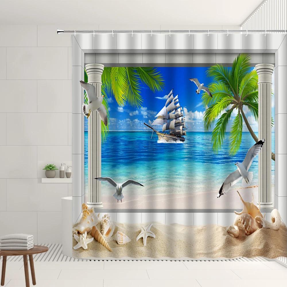 Ocean Scenery Shower Curtain Sets Beach Sail Starfish Boat Seagull Palm Tree Green Grassland Pattern Bathroom Decoration Screens