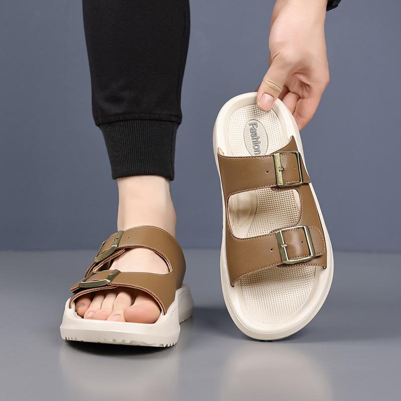 Fashion Double Buckle Designer Leather Slippers for Men Summer Solid Color Sports Beach Shoes Male Hallow Soft Sole Fashion Slippers