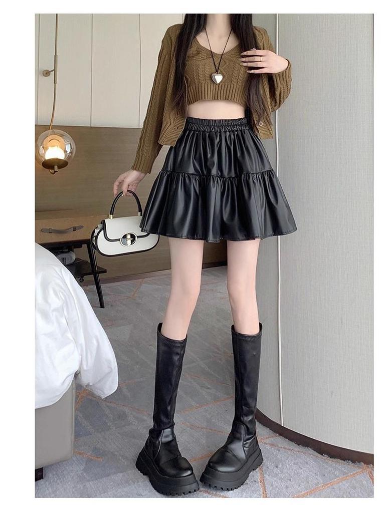 Plus Size Women's Coffee PU Leather Pleated High-Waist A-line Skirt