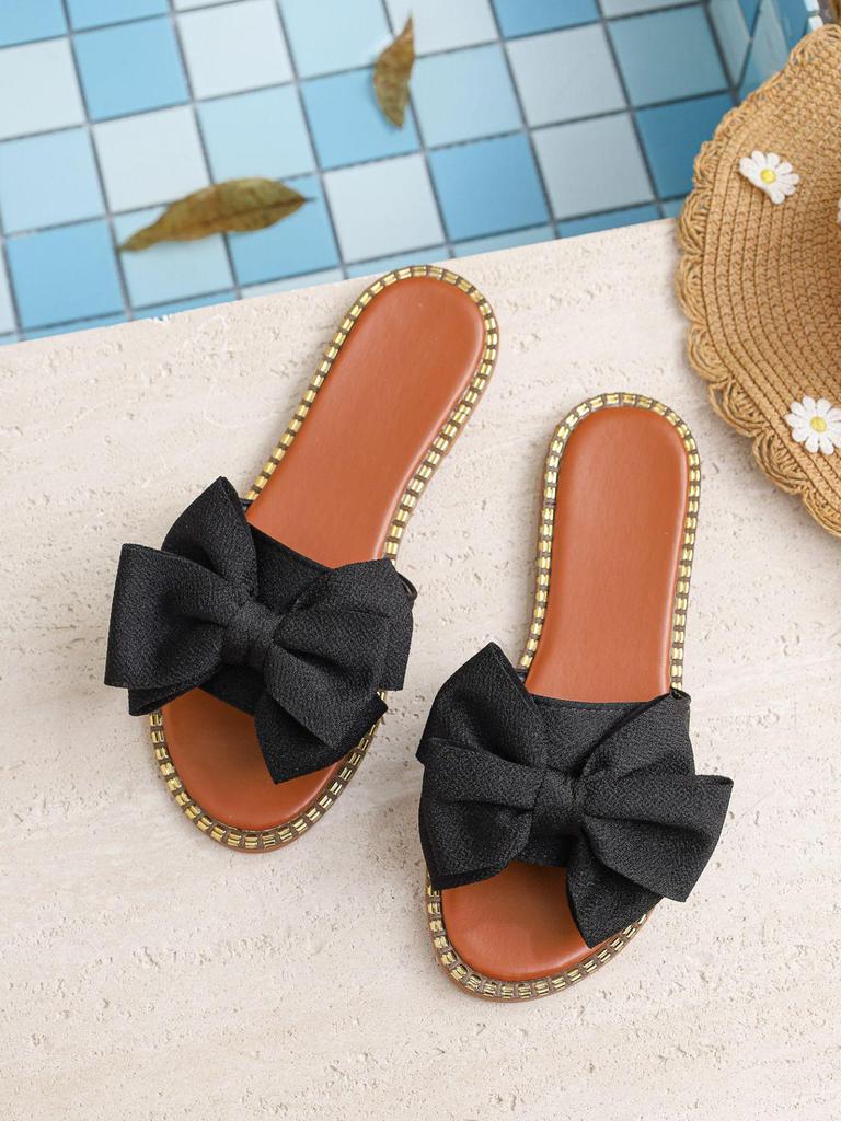 2026 Summer Women's Plus Size Bow One-Strap Flat Slippers - Lightweight, Comfortable & Solid Color for Outdoor Wear