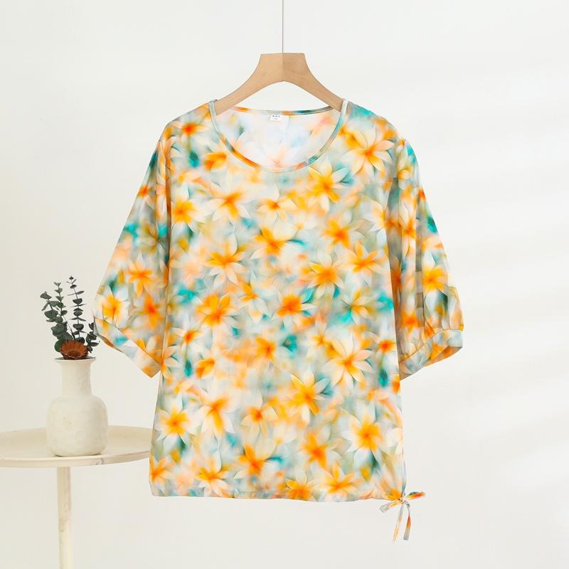 Mid-sleeved T-shirt, Sweet Floral Print, Stylish Drawstring Top, Summer Thin Plus-size Pullover