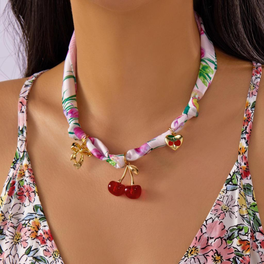 Silk Scarf Necklace - Fresh Strawberry & Cherry Knot Design for Women
