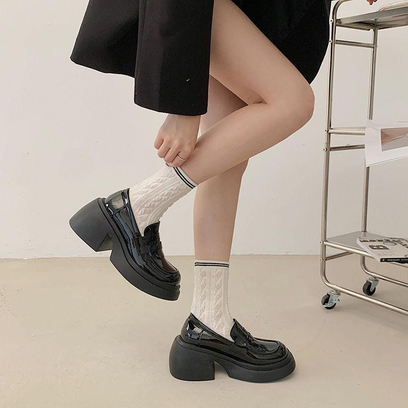Platform Leather Shoes Women's British Style Height Increasing Spring New Chunky Heel Shoes One Pedal Loafer All-Matching