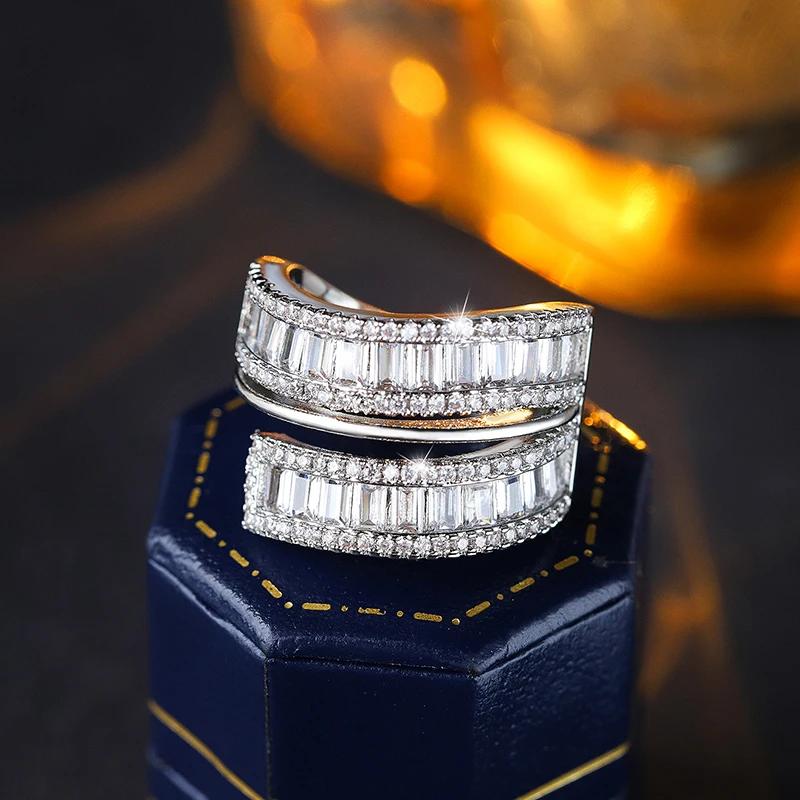 Luxury Full Diamond Ring for Women 925  Plated Sparkling Princess Cut Band Elegant Stackable Jewelry Bridal Party Gift