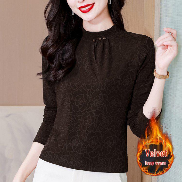 Elegant Retro Lace High-Neck Long Sleeve Women's T-Shirt for Spring