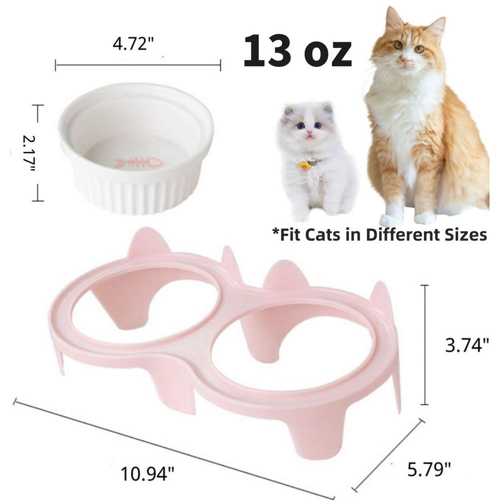 Cat Ceramic Double Bowls 300ml Large Capacity Non-slip Food Dishes With Plastic Rack For Indoor Cats