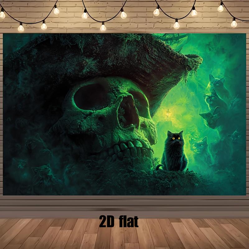 1 Halloween Party Banner - Terrifying Gothic Background with Skeleton Cat Dark Green Background - No Power Required 150X100