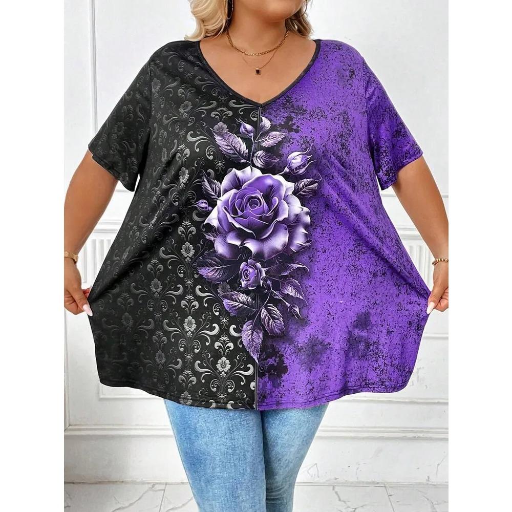 Summer V-neck Flower Pattern 3D Printed Top Fashionable Casual Short Sleeved Plus Size Women's T-shirts
