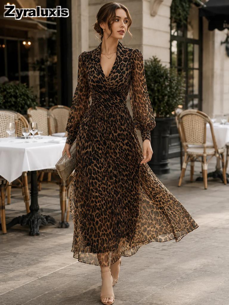 Yeni Kadın V Yaka Leopar Desenli Uzun Kollu Elbise Zarif Moda Akıcı Maksi Elbise Kadınlar İçin