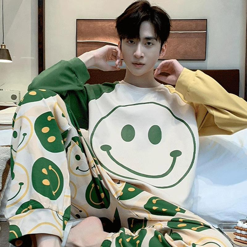 

Весна и осень, новый мужской пижамный домашний костюм, подростковый свободный костюм для отдыха, большой размер нижнего белья, пижамный домашний костюм 4XL бежевый/зелёный