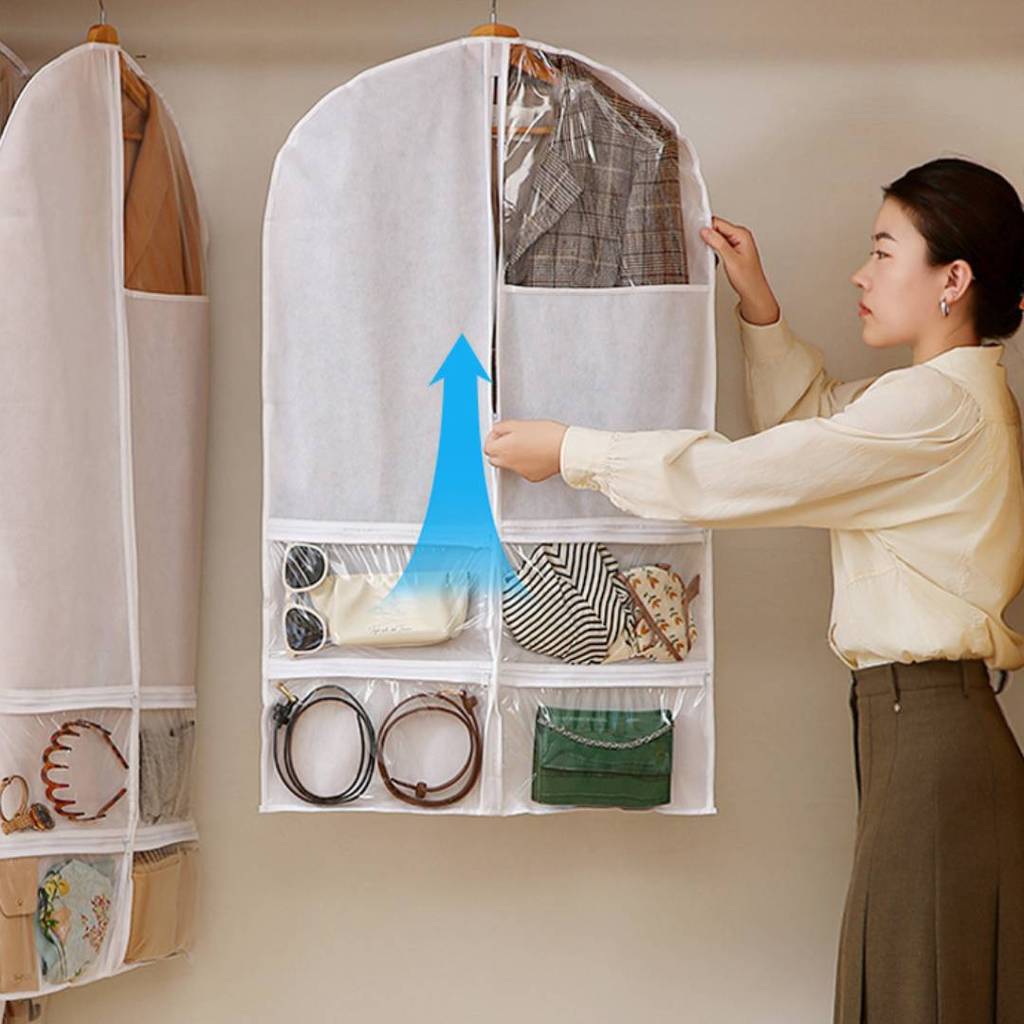 Non Woven Fabric Wardrobe Dust Cover With Multi Pocket Storage For Home And Travel Use