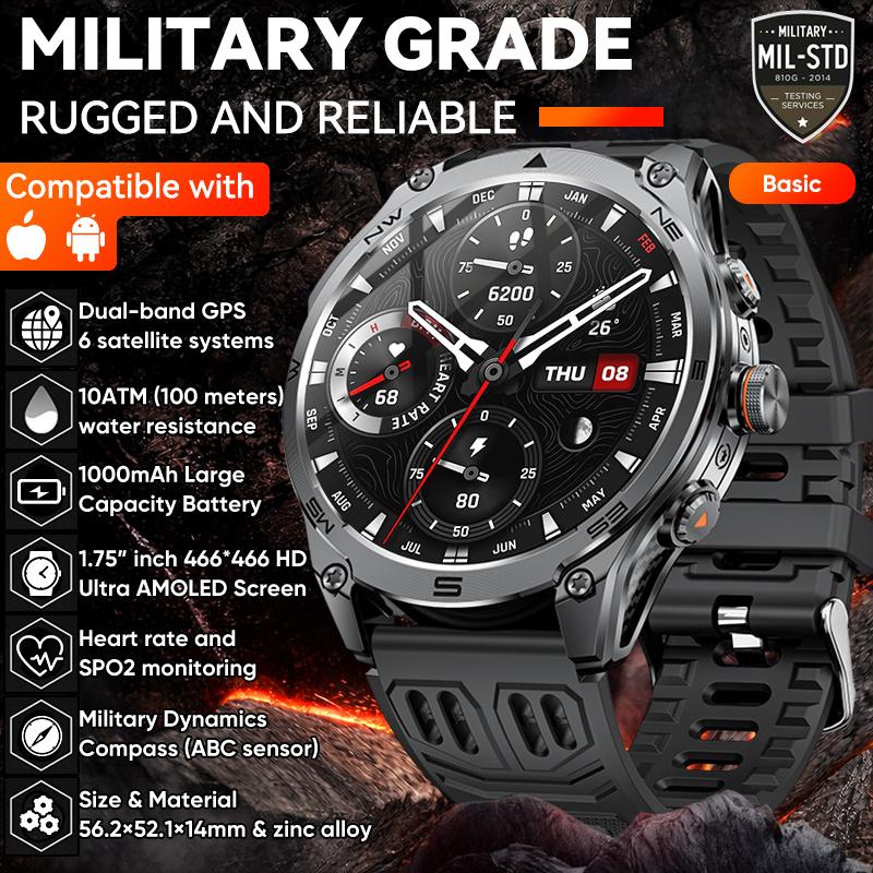 

NEW TANK M70 Smartwatch 10ATM Waterproof GPS Dual-Frequency tracking 1.75 AMOLED 1000mAh Compass 170+ Sports Fitness Watch Military Grade GPS чорний