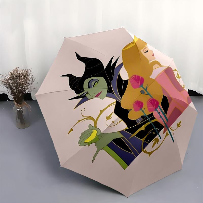 Maleficent, Aurora Automatic Opening and Closing Umbrella - 8 Ribs Portable Folding Umbrella with Plastic Handle, Suitable for Leisure and H