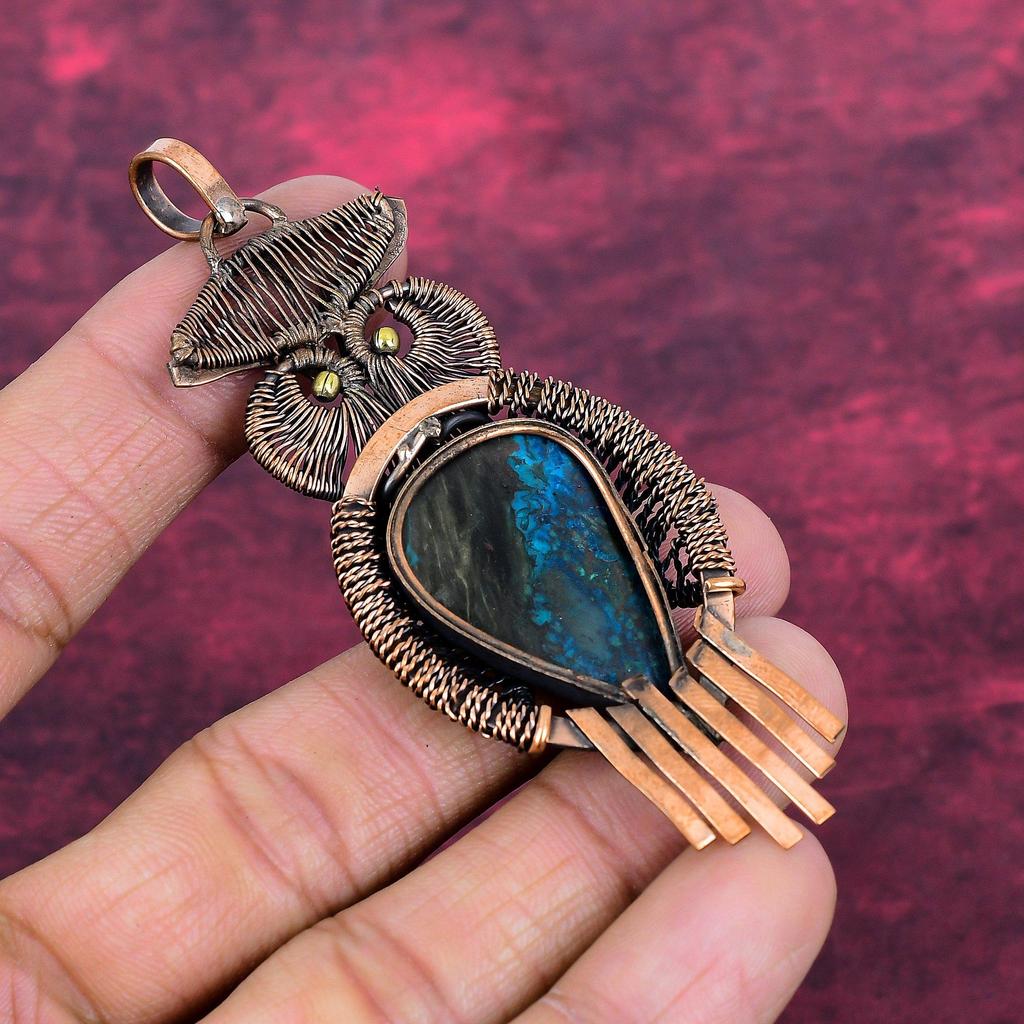 Azurite Malachite Pendant Copper Wire Wrap Antique Jewelry Gemstone Owl Pendant