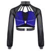Girls Dance Performance Top Color Block Design Mock Neck Sheer Mesh Sleeves Back Cutout Rhinestone Crop