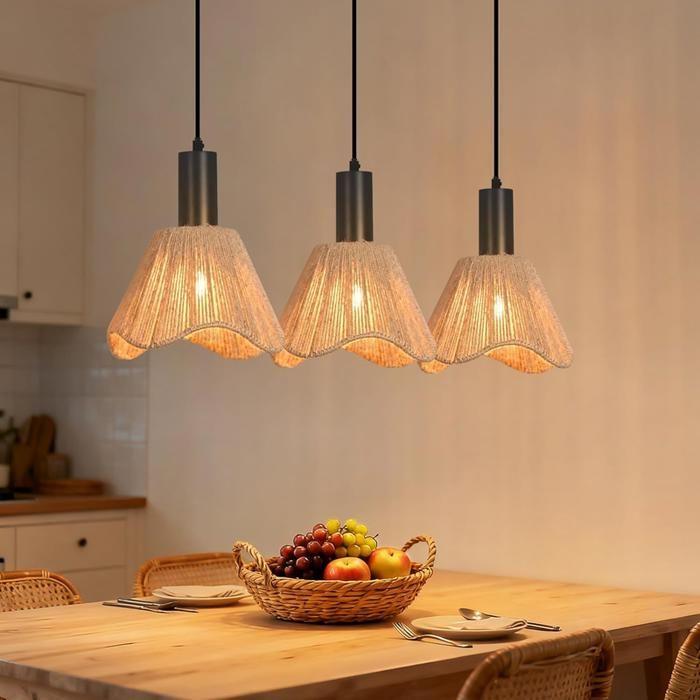 Lampe suspension rotin naturel NETTLIFE 3 lumières, Design bohème chic métal noir, Vague, Luminaire E27 pour salle à manger salon
