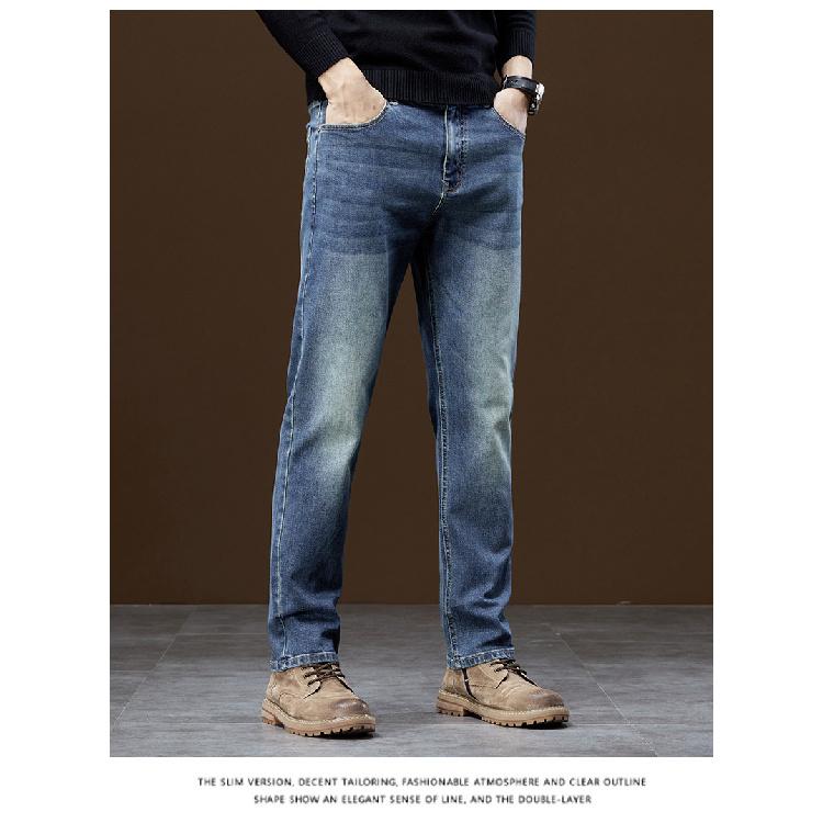 Blugi business clasici retro albaștri pentru bărbați, toamnă și iarnă, asortați cu pantaloni din denim moale, elastic, negri și albaștri pentru bărbați