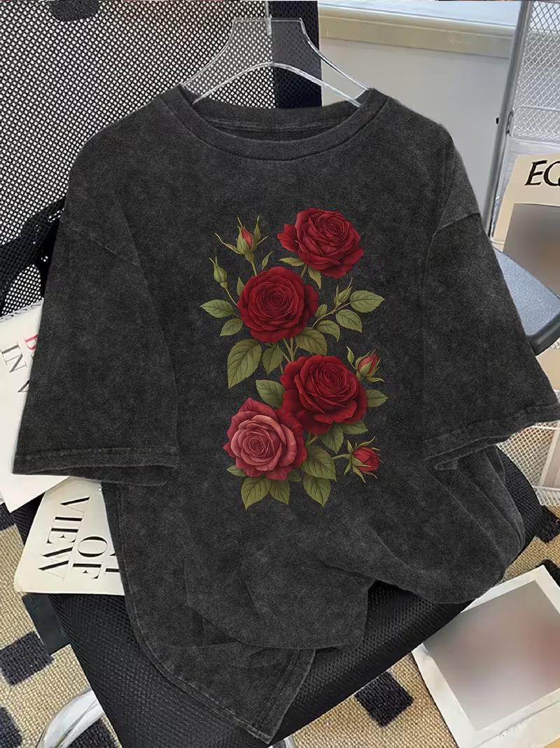 

Vintage Washed Red Rose Bouquet Graphic TShirt for Women Men Casual Short Sleeve Crew Neck Oversized Romantic Floral Tee S
