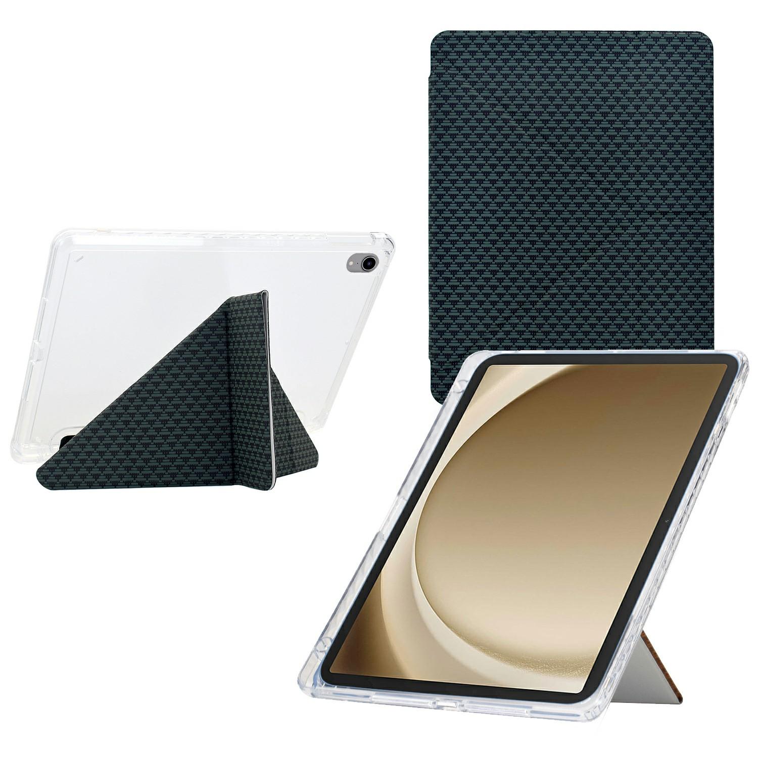 

For Samsung Galaxy Tab A9+ Case Y-Fold Stand Pyramid-Patterned Leather+Clear Acrylic Tablet Cover with Pencil Holder Green