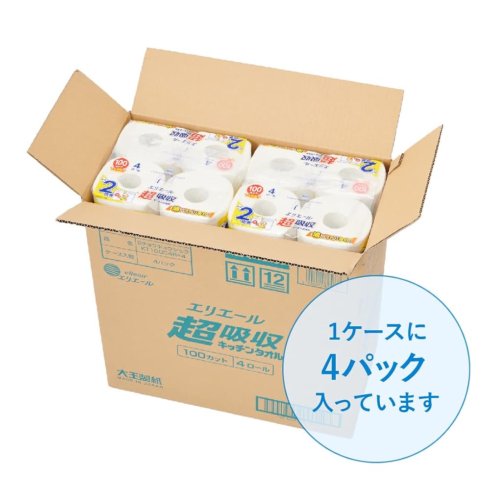 Japanese Product Elleair Kitchen Towel Ultra Absorbent Double Roll 100 Cuts Rolls (4 Rolls Packs) 100% Pulp