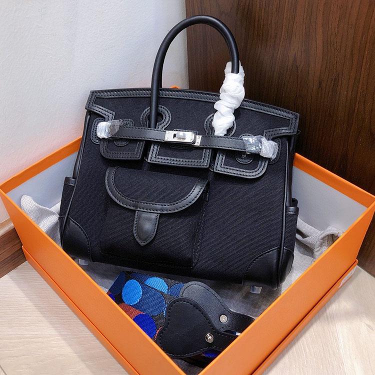 Canvas Leather Portable Pocket Contrasting Color Platinum Bag High Sense Fashion Versatile Single Shoulder Messenger Leather Women's Bag