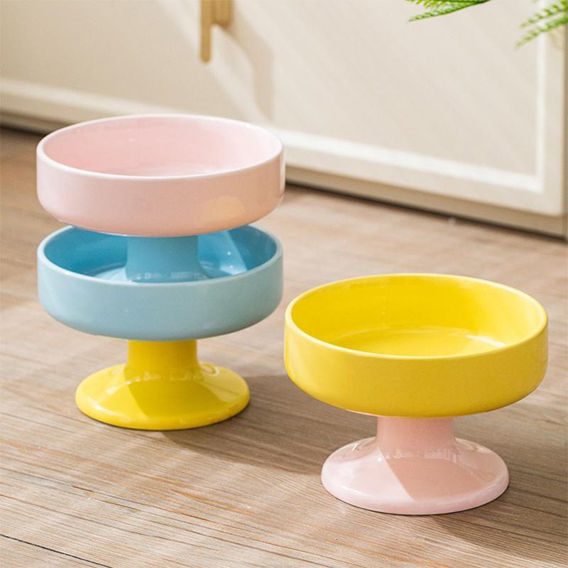 Ceramic Color-Blocked Pet Bowl Elevated Cat Bowl Protects Cervical Vertebrae Pet Supplies