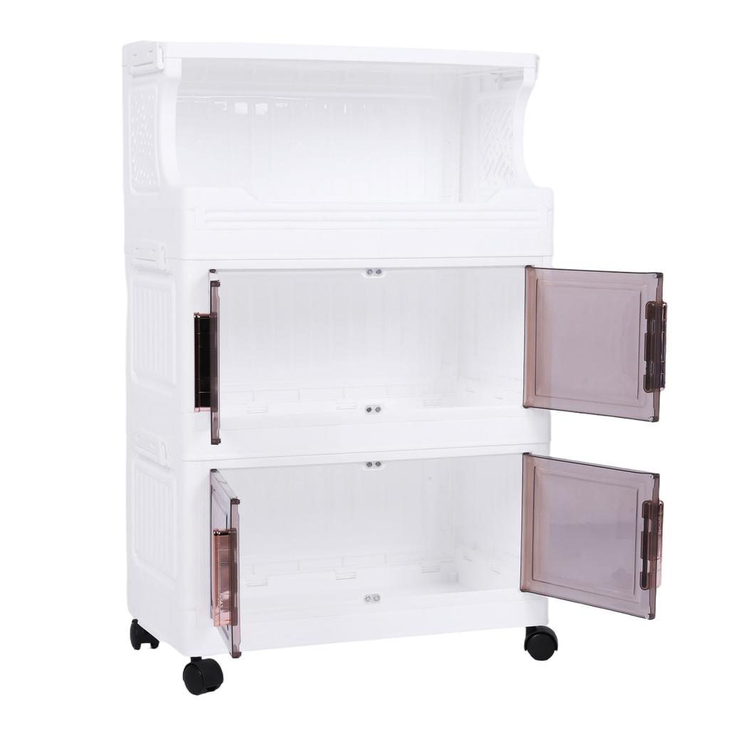 3 Tier Collapsible Storage Boxes with Doors and Wheels 42cm Stackable Storage Cabinet for Craft Home Pantry DormTransparent