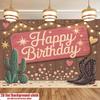 2D Flachdruck Cowgirl Geburtstag Hintergrund, Retro Holz & Kaktus Happy Birthday Banner für Party mit Western-Thema