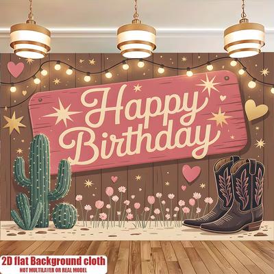 2D Flat Print Cowgirl Birthday Backdrop, Retro Wood & Cactus Happy Birthday Banner for Western Themed Party