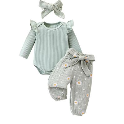 Baby Girl Fall Outfits Solid Ribbed Long Sleeve Romper with Daisy Pattern Pants and Belt and Headband 4Pcs Set