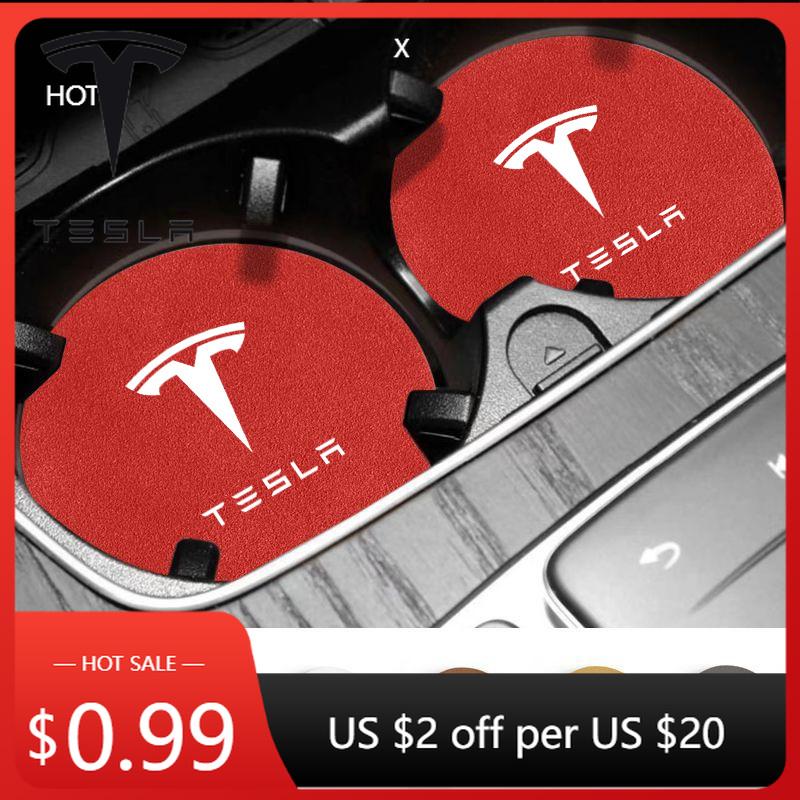 Car Sticker Tesla 2pcs Non-slip Car Logo Coaster Water Cup Pad For Tesla Model 3 Y S X 2017 2018 2019 2020 2021 2022 2023 Roadst