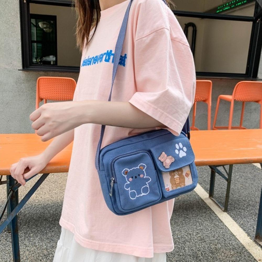Embroidery Bear Canvas Shoulder Bag Solid Color Shoulder Bag Casual Transparent Itabag Women