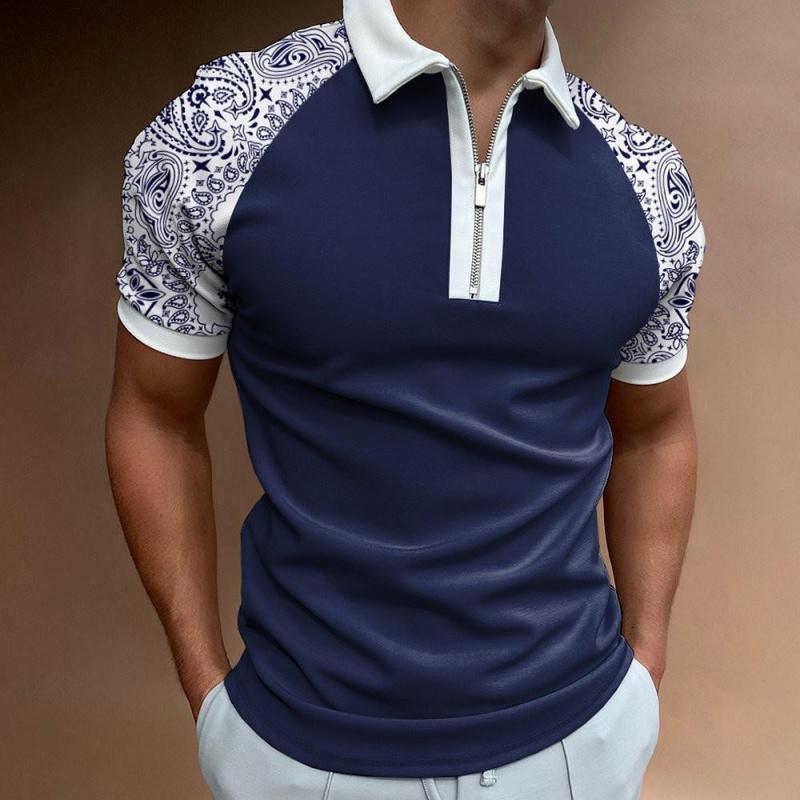 Summer Men's Casual Striped Houndstooth Digital Print T-Shirt Zipper Polo Shirt