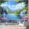 Waterfall Lake Tapestry Wall Hanging, Green Mountain Forest & Pink Flower Nature Landscape Wall Art for Home Decor