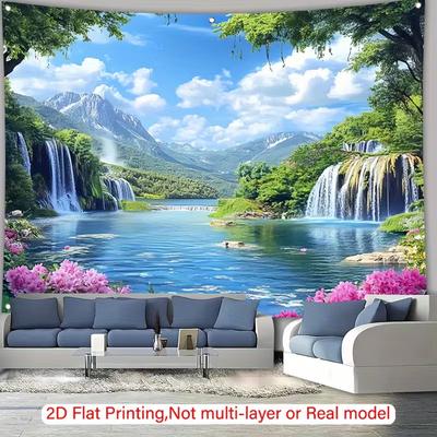 Waterfall Lake Tapestry Wall Hanging, Green Mountain Forest & Pink Flower Nature Landscape Wall Art for Home Decor