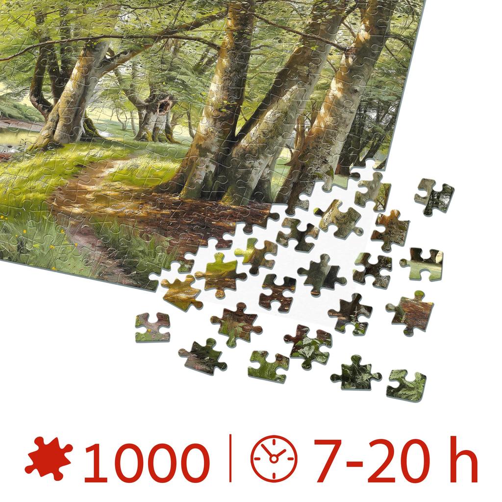 D-Toys 1000-piece jigsaw puzzle, 77417-MO02, Peder Mørk Mønsted: A Summer Day in the Forest with Deer in the Background, 47 x 68 cm