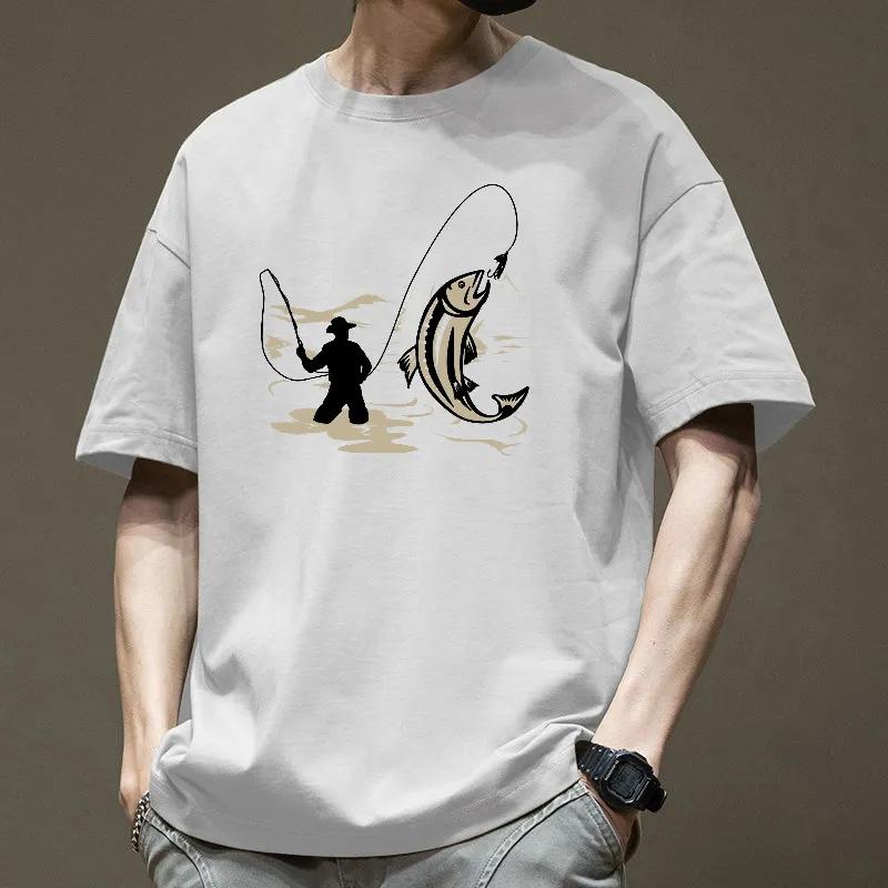 

Men Khaki Fishing Silhouette Print Crew Neck Oversized T Shirt S белый