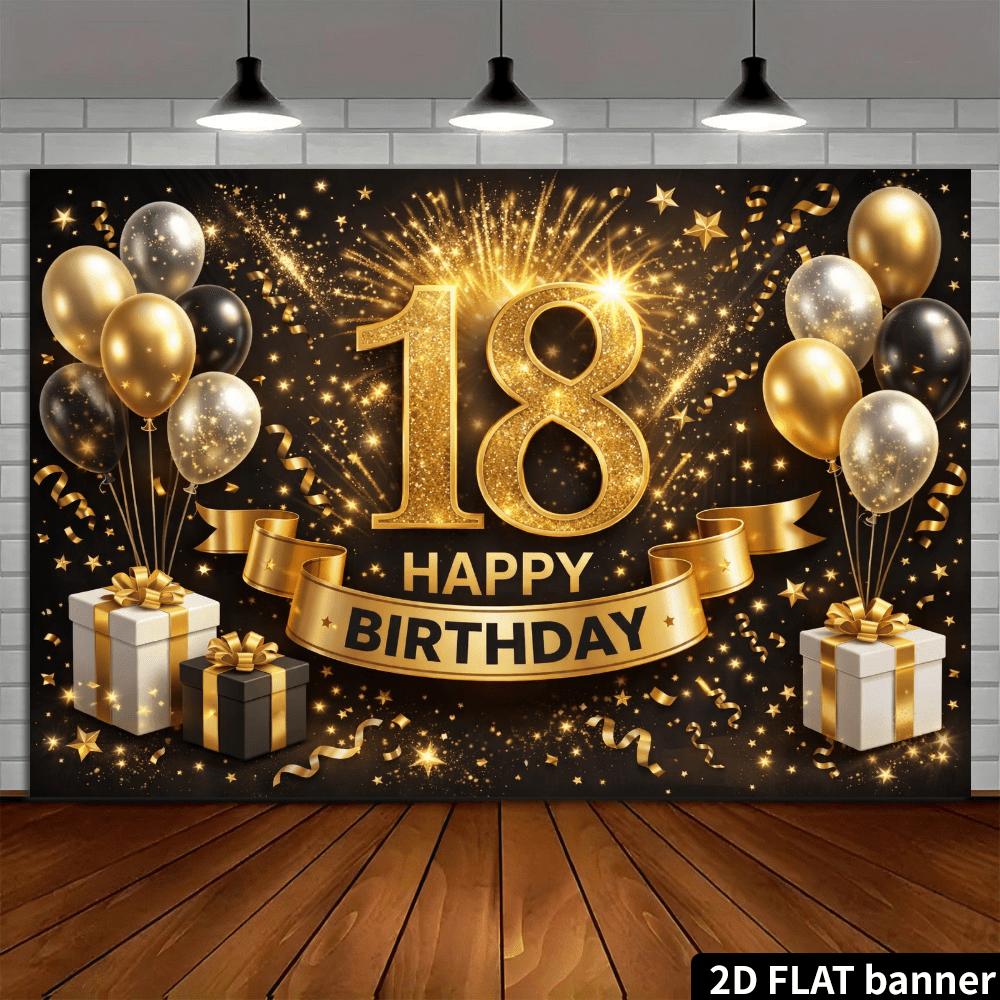 2D Black Gold Balloons 18th Birthday Backdrop Black Gold 18 Gold Black Gold Balloons Fireworks Stars Accent Polyester No Power Required For