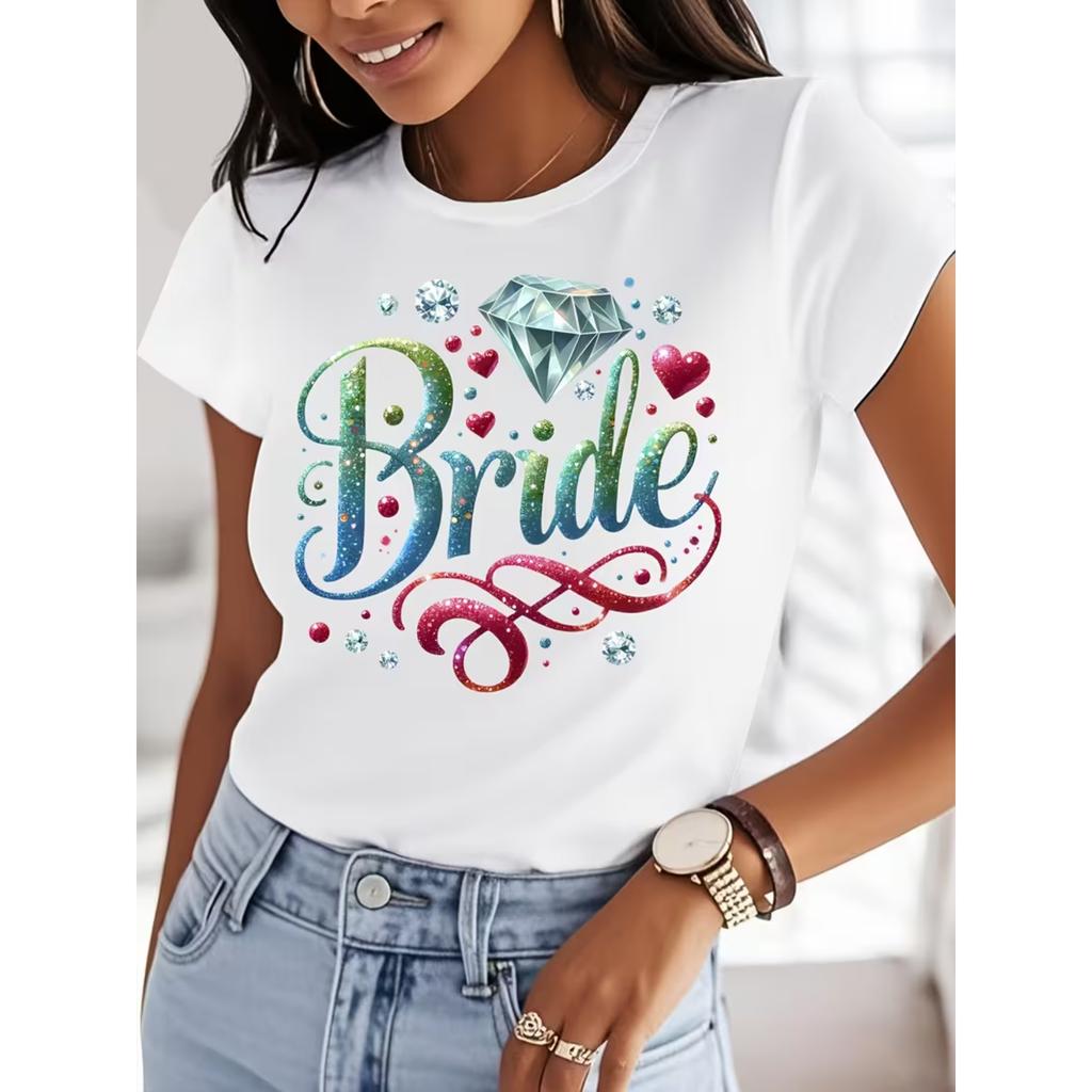 Diamond Love Graphic Print T-shirt, Casual Short Sleeve Crew Neck Top For Spring & Summer, Women's Clothing