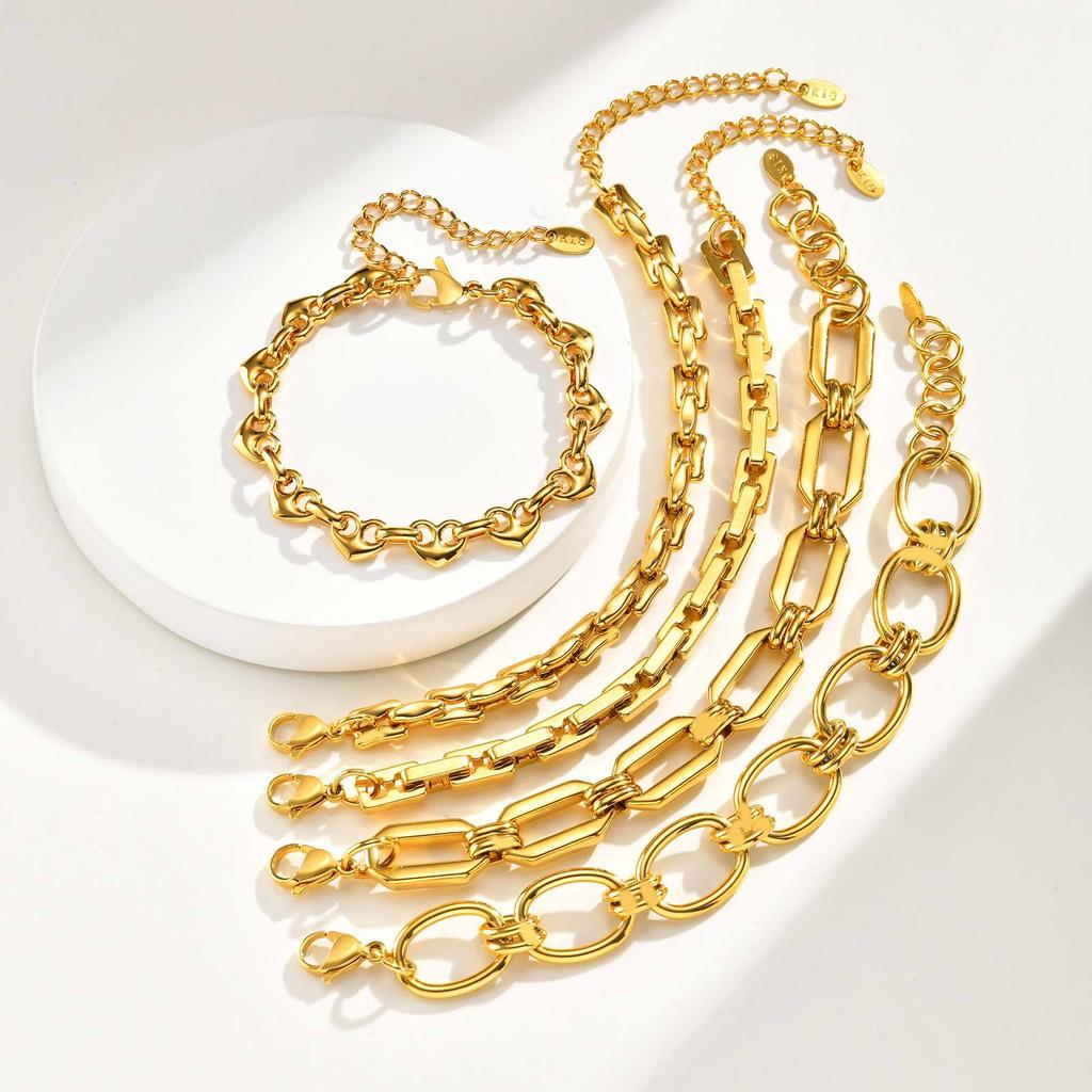 Punk Style Ladies Stainless Steel 18K Gold Plated Geometric Design Handmade Bracelet Thick Chain Jewelry Accessories Br-2646