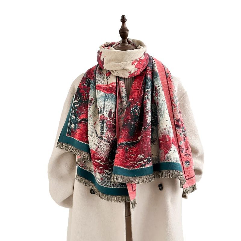 Autumn and winter new double-sided color oil painting series imitation cashmere thickened warm scarf women's air conditioner shawl