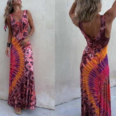 New European And American Summer Printing Positioning Sleeveless Back Strap Long Dress Dress