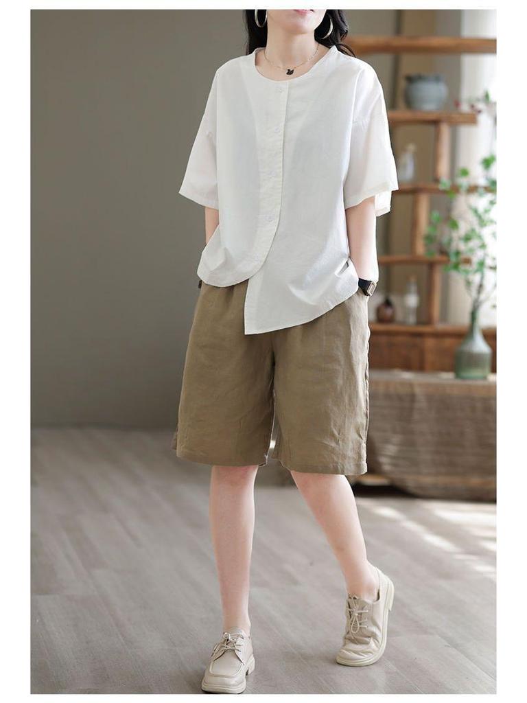 2023 Summer High Waist Retro Literary Wide-Leg Casual Plus Size Five-Point Pants